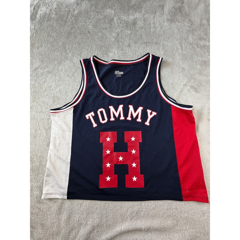 Tommy Hilfiger Jersey Tank Top Womens XL Blue Red White Mesh Stars Logo